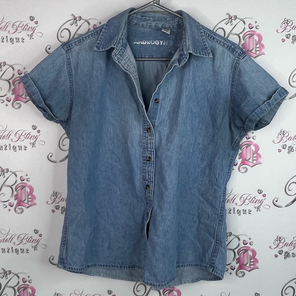 Androgyn tshirt tee button up denim jean Casual Blue Denim Button-Down Shirt